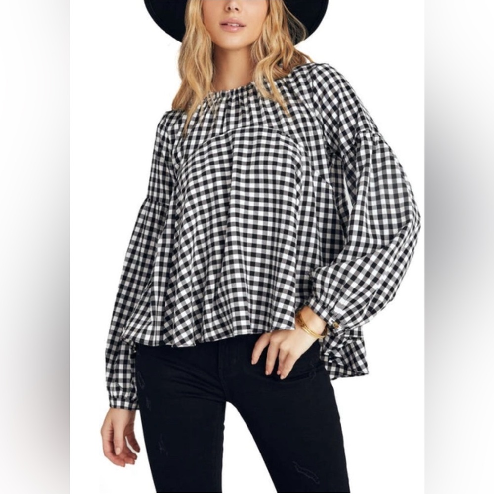 ✨VICI COLLECTION Gingham Balloon Sleeve Babydoll Top In Black Size M